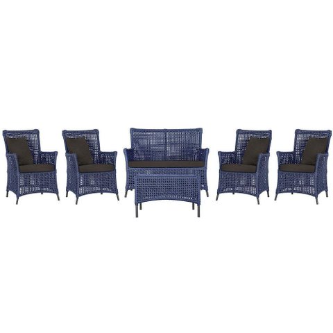 Jogo Sofá 4 Poltronas e Mesa Igapó Preta E9 Trama Original Azul