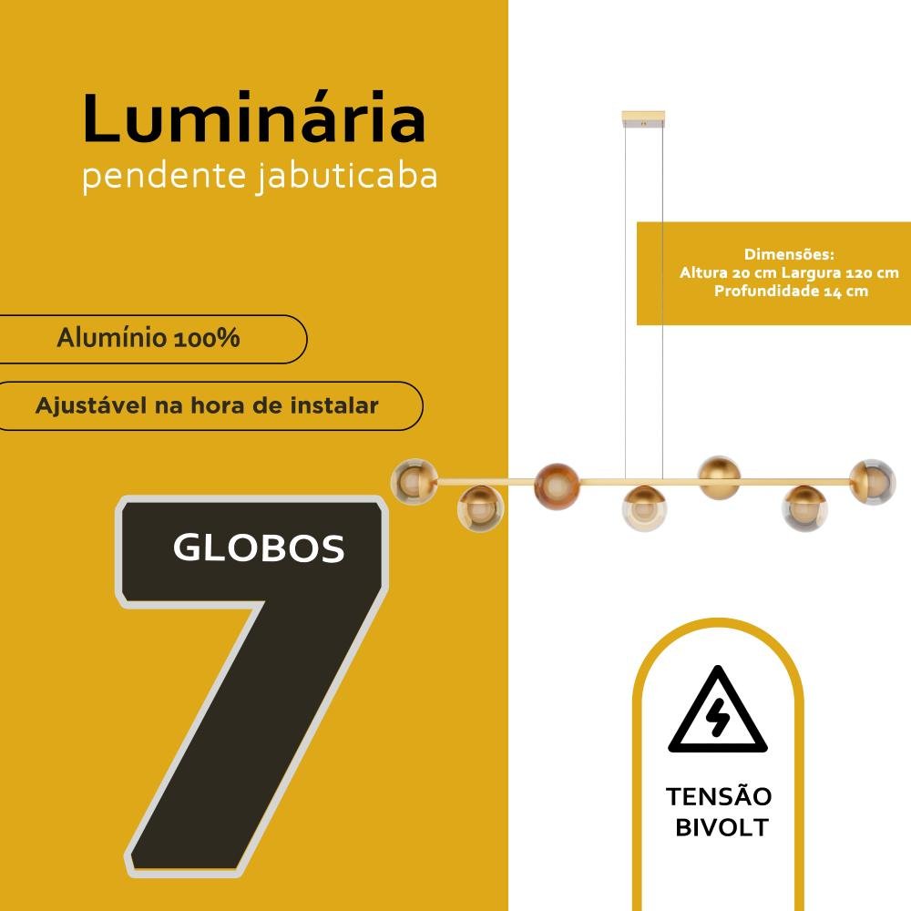 Luminaria Lustre Teto Sala de Jantar Jabuticaba 5 Metros com 7 Vidro Globo Bivolt - Dourado/ambar - 3