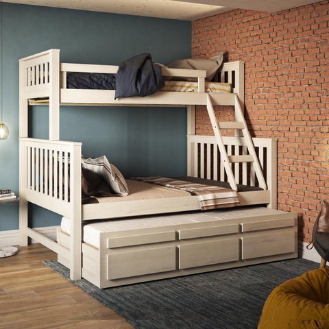 Treliche com Cama de Casal Branco Lavado C/ Cama Auxiliar 3 Gavetas Madeira Pinus - Saraiva 104.04.0