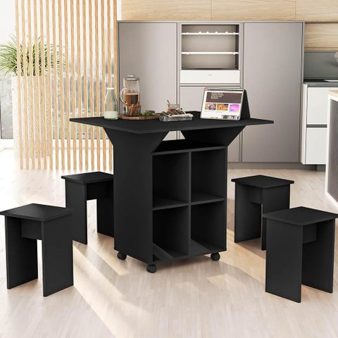 Mesa Buffet Retrátil Basoto Annie com 4 Bancos Embutidos 100% Mdf - Preto