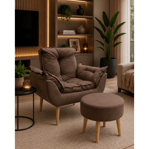01 Poltrona Opala  + 01 Puff Redondo Decorativo Suede Sala Quarto Recepção