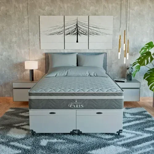 Ver imagem 2 de Cama Box Baú Casal Bipartido + Colchão Paris Molas Cinza Couro Branco/cinza