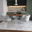 Ver imagem 1 de Mesa Jantar Redonda 110cm Amêndoa Clips 3 Pés com 5 Poltronas Brancas Ferro Branco Marrom