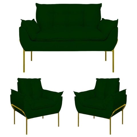 Kit 2 Poltronas + Namoradeira Pé Metal Dourado Recepção Sala Verde