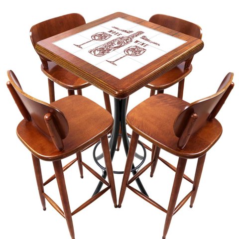 Conjunto Mesa Madeira Azulejo 60x60cm - Bistrô Fixa 98cm + 4 Banquetas 73 - Natural - More Wine
