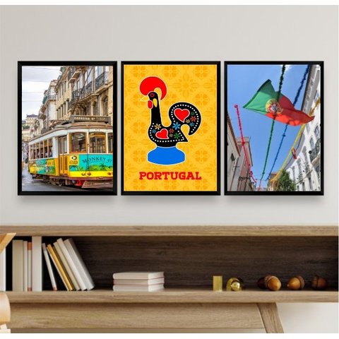Kit 3 Quadros Decorativos Fotos Portugal 33x24cm:madeira Branca