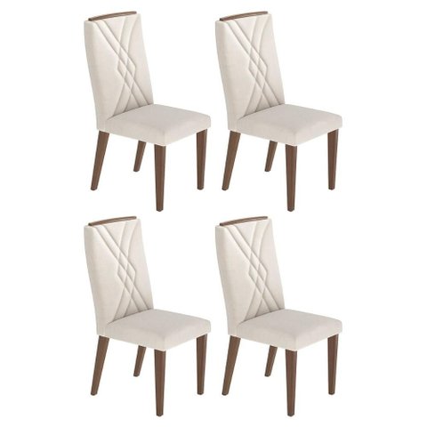 Conjunto de 4 Cadeiras de Madeira Maciça Megan Natural com Linho Off White