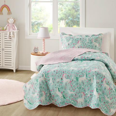 Kit Cobre Leito Colcha Solteiro 2 Peças Micropercal 150 Fios Kids Unicornio