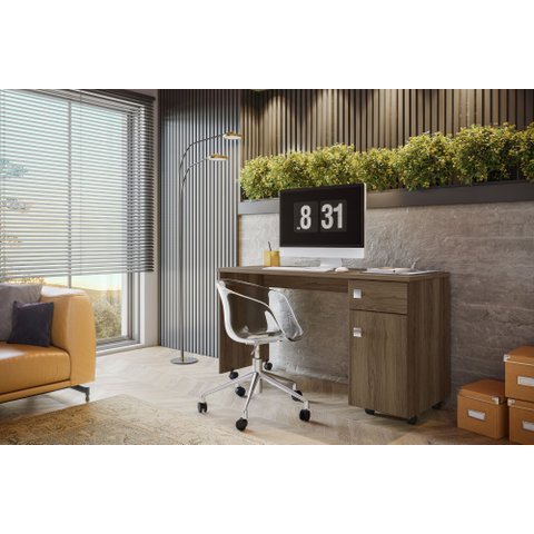 Escrivaninha Office Malta Lukaliam com Gaveta com Chave Rodízios Tampo 25mm 1,35m:imbuia