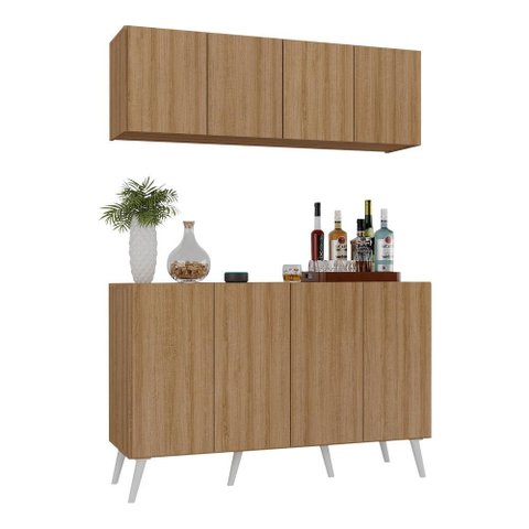 Kit Bar Armário Aéreo e Aparador 4 Portas Retrô Multimóveis Mp1086 Rustic/branco