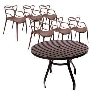 Jogo Conjunto Mesa 1,20m Alumínio + 6 Cadeiras Marrom para Área Jardim Jantar Externa