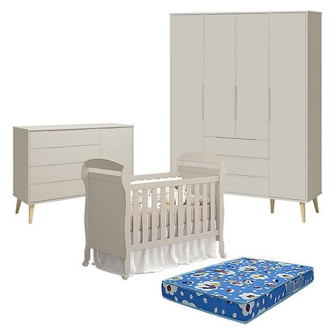 Quarto de Bebê 4 Portas com Cômoda com Porta Elfe Retrô e Berço Americano Danny Areia Acetinado Natu