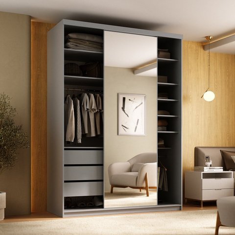 Guarda-Roupa Closet Solteiro 100% MDF 139cm com 1 Porta Espelho 3 Gavetas Sion Cinza/Urbi