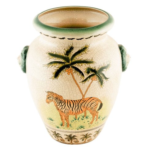 Vaso Decorativo Cerâmica Craquelada Pintado À Mão Zebra Coqueiros Leões 29cm Columbus Gold