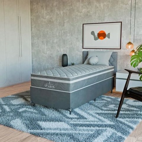 Cama Box Solteiro Cinza + Colchão Paris Molas Cinza Suede Cinza/cinza