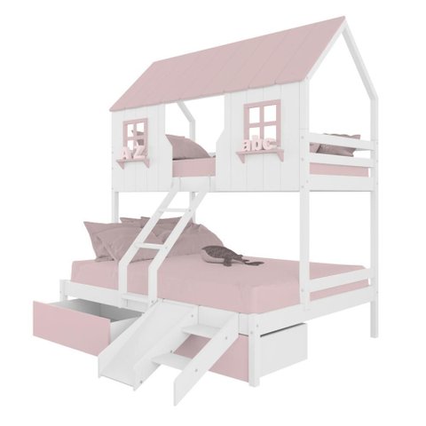 Beliche Casal/ Solteiro Casinha Encantada com 02 Gavetas Kit Escada/ Escorregador Madeira Maciça