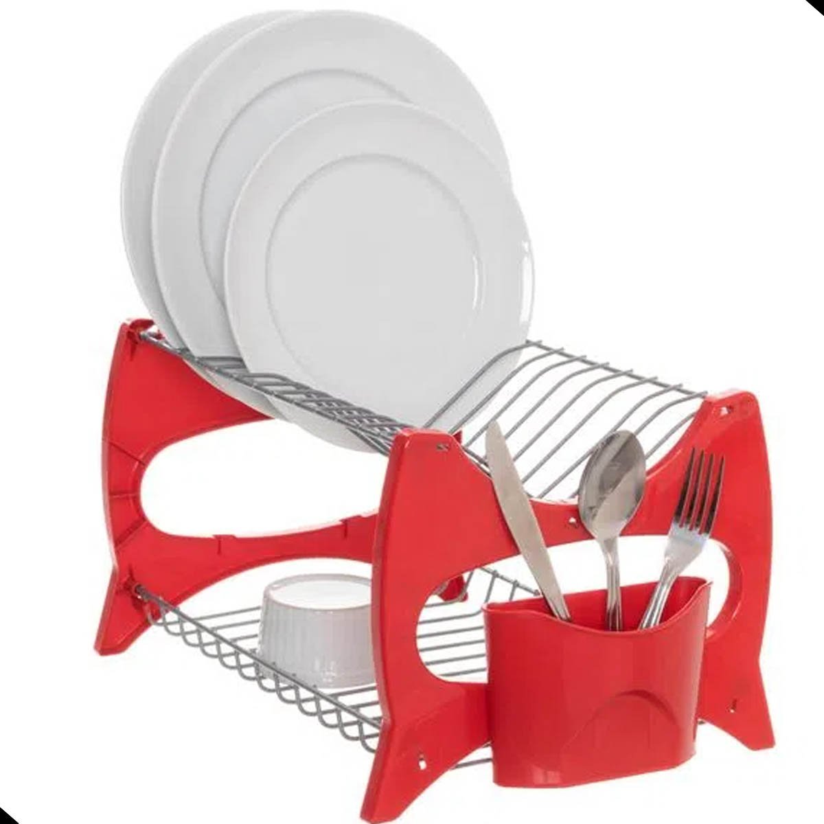 Metaltru Verona Escorredor de Louça Cozinha Prato Copo Duplo Porta Talheres:vermelho