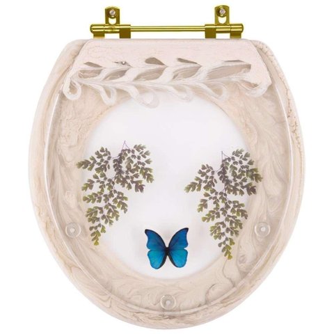 Assento Sanitário Poliester Oval Areia Decorado Borboleta Azul com Ferragem Dourada