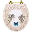 Ver imagem 1 de Assento Sanitário Poliester Oval Areia Decorado Borboleta Azul com Ferragem Dourada