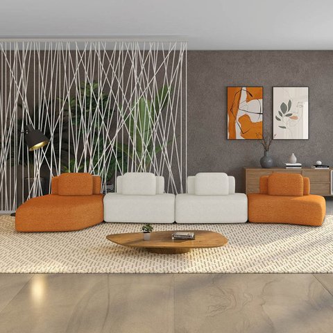 Sofá 4 Lugares Orgânico com Chaise e 3 Módulos Berlim bouclê Caramelo/off White K01 - D’Rossi