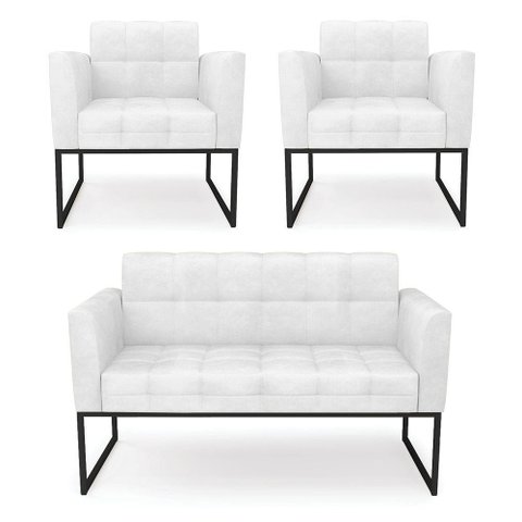 Kit 1 Sofá Namoradeira e 2 Poltronas Elisa Corano Branco Base Metálica Industrial Preto - D'Rossi