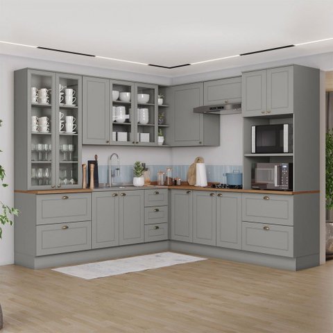 Cozinha Completa Americana 14 Portas 7 Gavetas com Vidro 100% Mdf Cinza/nature - Henn