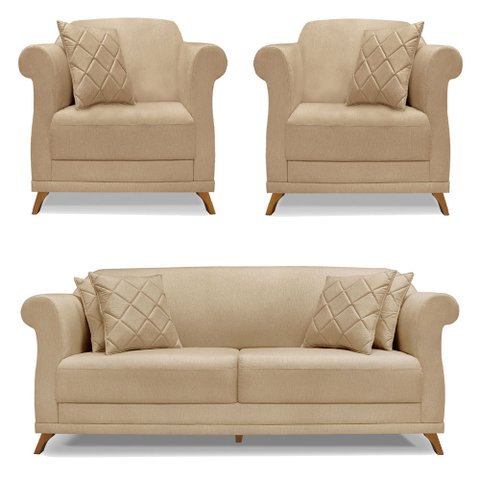 Kit 2 Poltronas e Sofá Living 2 Lugares 1,60m Vênus Linho Dourado Pés Castanho - Pallazio