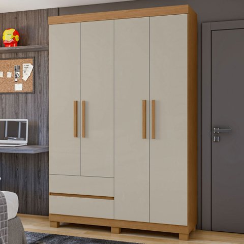 Guarda-roupa Solteiro Zeus 4 Portas 2 Gavetas 59602.58 Amêndoa Clean/off White - Móveis Lopas