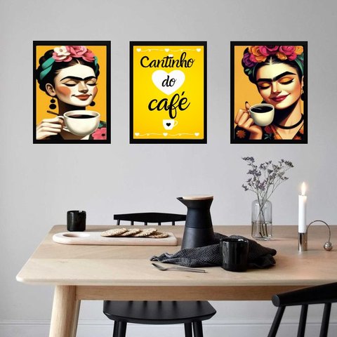 Kit 3 Quadros Cozinha Cantinho do Café Frida 45x34cm - com Vidro:madeira Branca