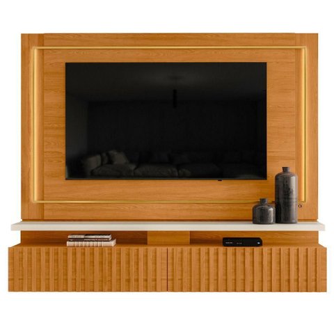 Home Theater Vicenza para TV 75 Polegadas 216cm MDP Ripado Cinamomo Off White com Fitas de LED Casah