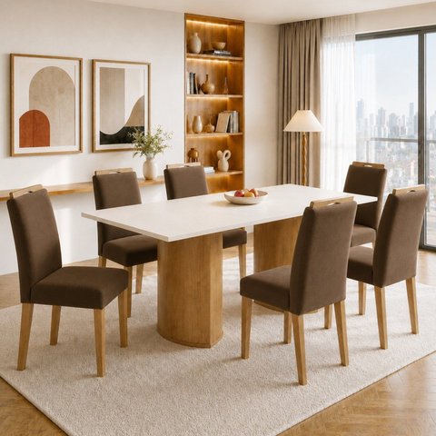 Conjunto de Mesa 6 Lugares Isla e Cadeiras Lyra em MDF Cinamomo e Off White