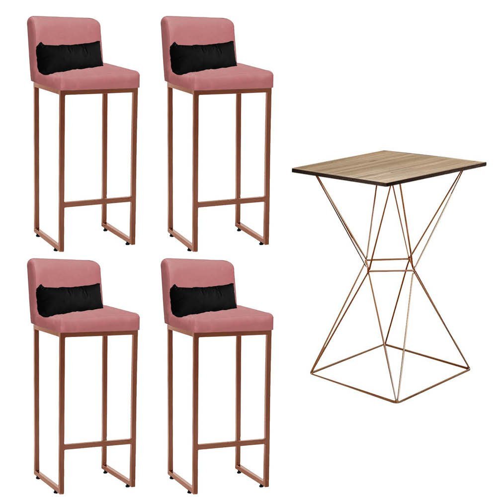 Kit Mesa Bistrô Lucca e 4 Banqueta Lucca Tampo Freijó Ferro Bronze Suede Rose Gold e Almofada Preto  - 1