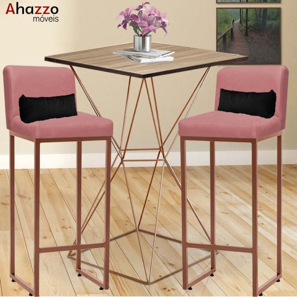 Kit Mesa Bistrô Lucca e 4 Banqueta Lucca Tampo Freijó Ferro Bronze Suede Rose Gold e Almofada Preto  - 2