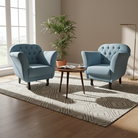 Kit 2 Poltronas Decorativa Dália Linho Azul Pés Madeira