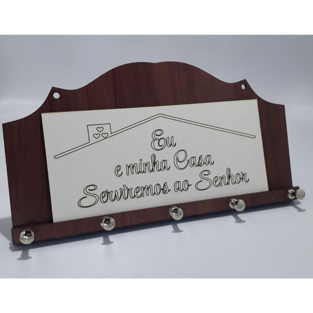 Porta Chaves Eu e Minha Casa Serviremos Ao Senhor em Mdf 5 Ganchos Parede Decoração - 1