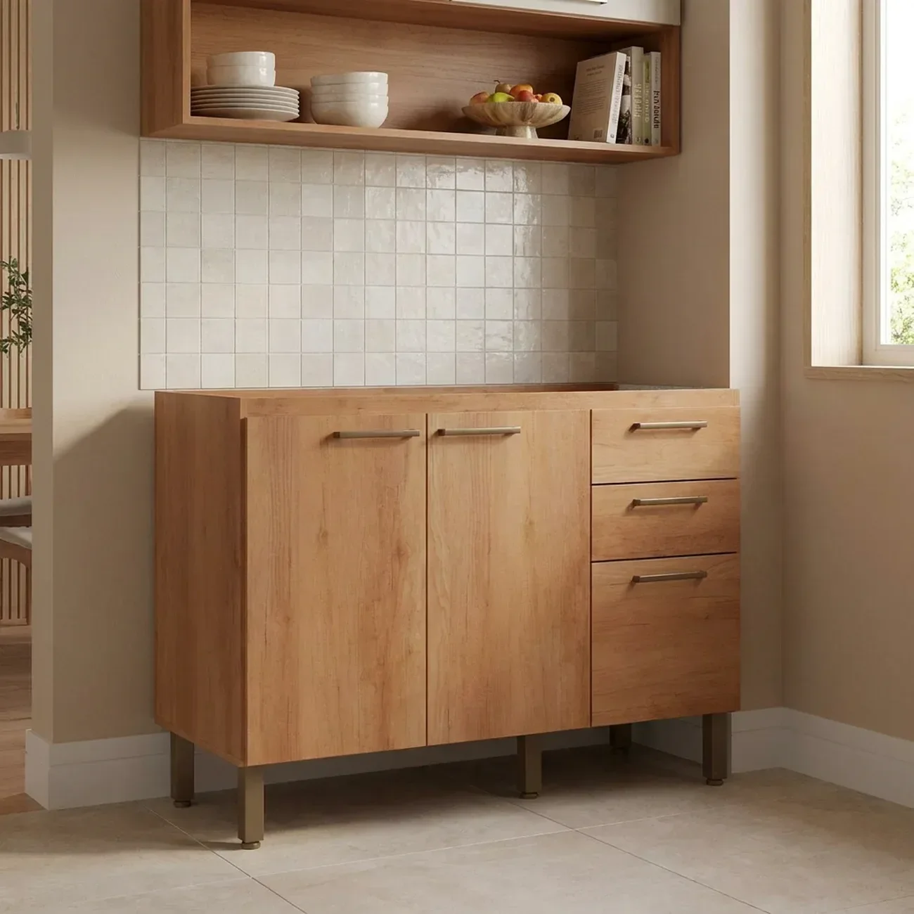 Balcão de Cozinha 100% MDF 2 Portas 3 Gavetas sem Tampo 120cm Princess Yescasa Marrom Freijó