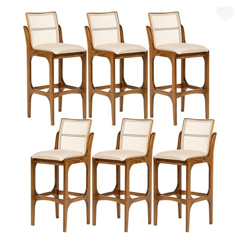 Kit 6 Banquetas para Área Gourmet Lisboa Encosto Rattan Madeira Imbuia Linho Bege M58 Rmi