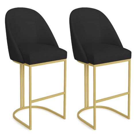Kit 02 Banquetas Altas Bela Suede Base Metálica Industrial Dourado - Pallazio Cor:Preto