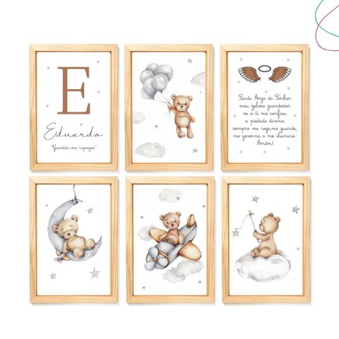Kit 6 Quadros Decoração Quarto Infantil Ursinho Aquarela:pinus