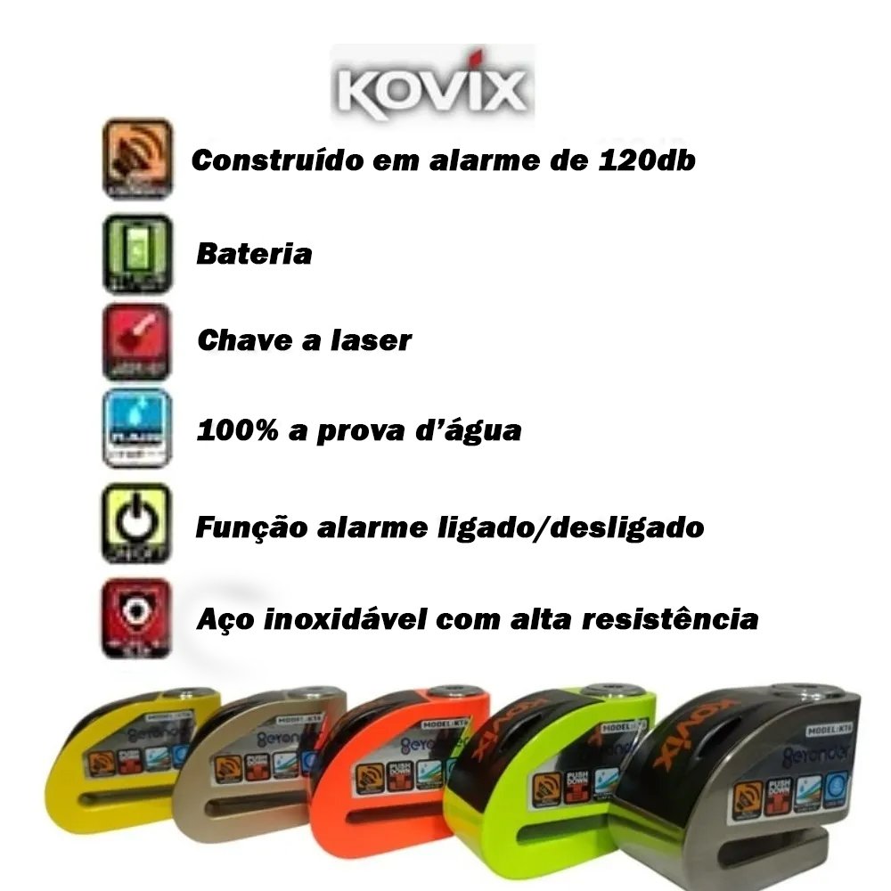 Trava Disco Com Alarme Kovix Cadeado Antifurto Kd6 3 Chaves Para Moto ...