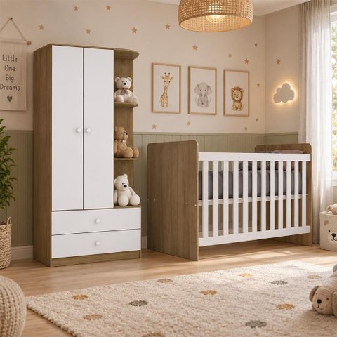 Jogo de Quarto Infantil Labirinto com Guarda Roupa e Berço Rústico/Branco - Móveis Henn