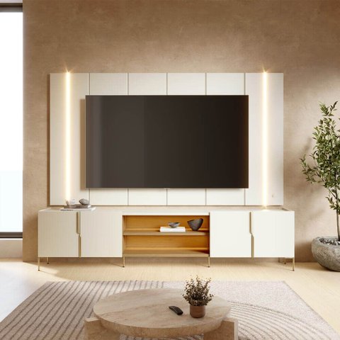Painel TV até 75" Chanfrado Bancada 4 Portas 243cm com LED Jasmine C04 - D'Rossi