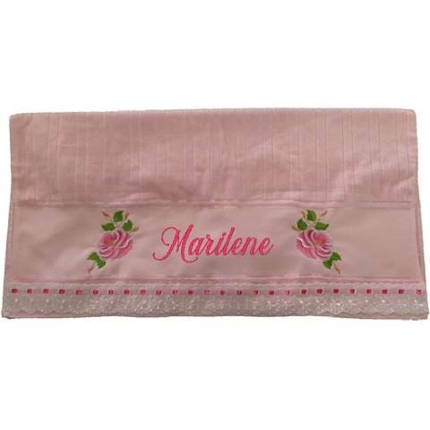 Toalha Banho Bordada Personalizada Duas Lindas Rosas. Cor: Rosa Dohler Artesanalle