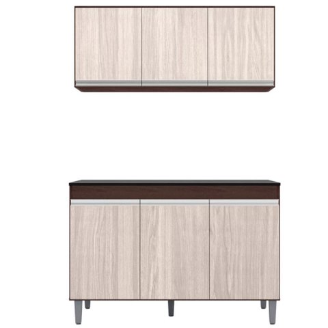 Aéreo 3 Portas Tesser + Gabinete Balcão Keila 3 Portas para Cozinha Castanho-Avelã - Bela Móveis