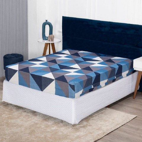 Lençol Solteiro com Elástico Prático Malha Estampada 1 Peça:26 Geométrico Azul