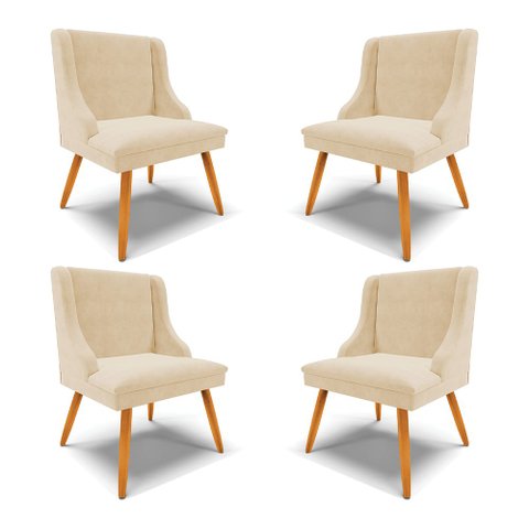 Kit 4 Cadeiras Decorativas Sala de Jantar Pés Palito de Madeira Firenze Suede Bege/Natural G19 - Gra