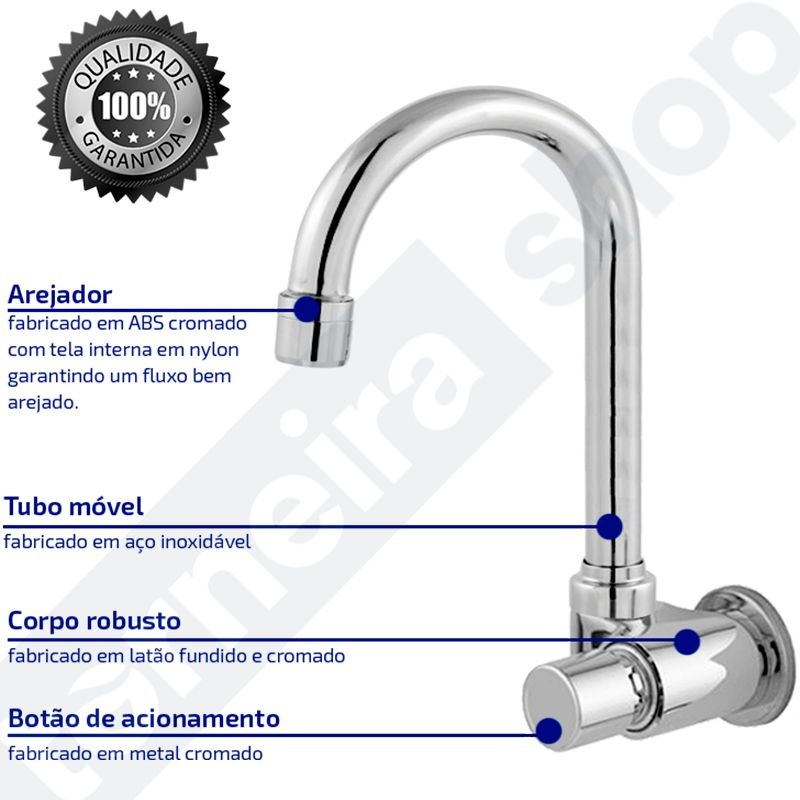 Torneira Automática Temporizada de Parede Banheiro Lavatório Metal Bica Móvel Padrão Rosca 1/2" - 2