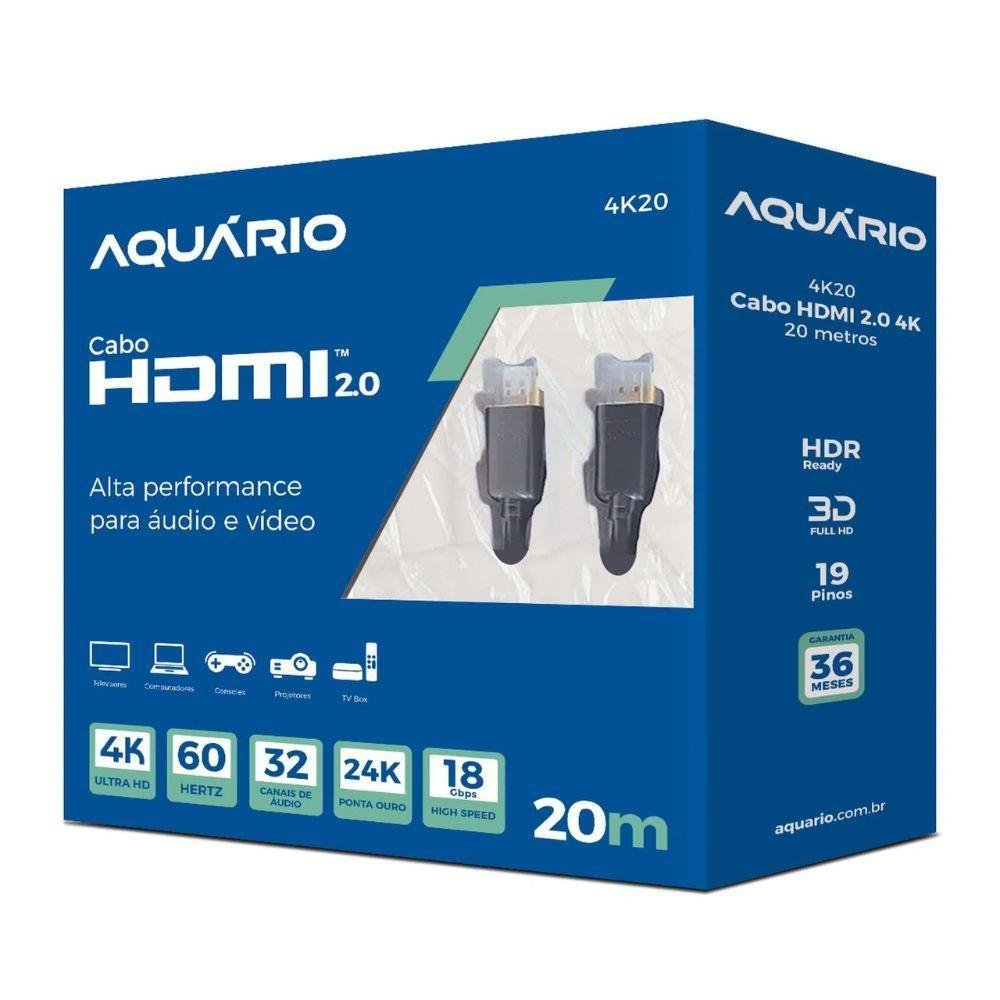 Cabo Hdmi Aquario 2.0 4k 3d 19 Pinos 20 Metros - 4k20 - 4