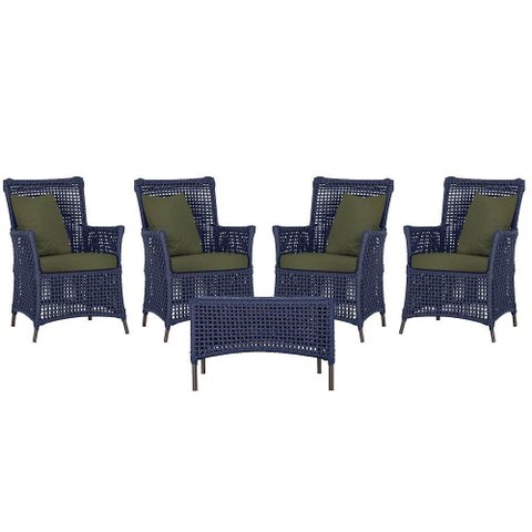 4 Poltronas e 1 Mesa Igapó Alumínio Marrom Corda Náutica E13 Azul