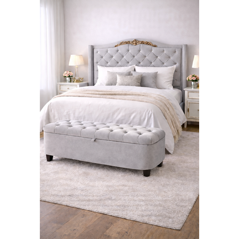 Kit de Quarto Lisboa Cabeceira de Cama Box e Calçadeira Baú Queen 160 Cm Suede Prata Eli Móveis e de